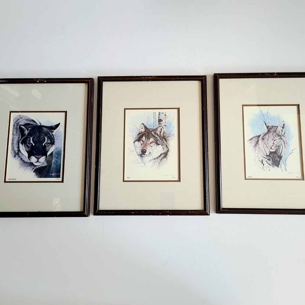 Randy Fehr 3 art works 1980s. Wolf, Bobcat, Lone Prowler.